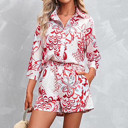 

Women's Loungewear Sets Nighty 2 Pieces Geometic Comfort Home Polyester Lapel Short Pant Shorts Pocket Hole Fall Spring Blue Red