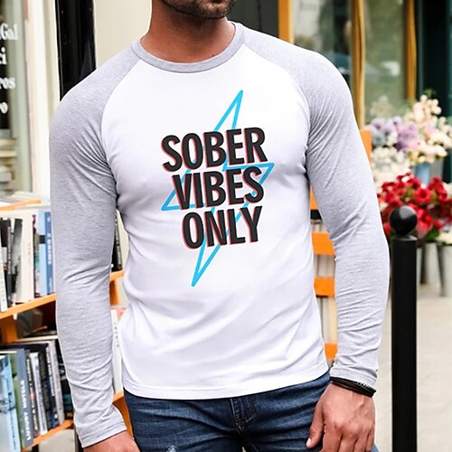 

Men's T shirt Tee Hot Stamping Graphic Color Block Letter Crew Neck Street Casual Long Sleeve Tops Basic Fashion Classic Comfortable Black Gray