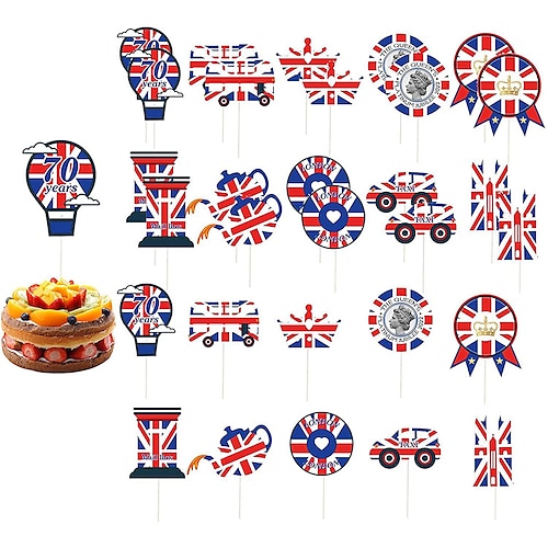 

50pcs Union Jack & Queen's Jubilee 70 Years Cake Toppers, Union Jack Themed Stand Up Cake Toppers Cupcake Cake Decorations Queen Jubilee 2022 Party Supplies