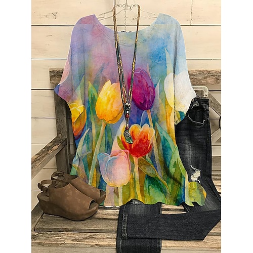 

Women's Casual Holiday Weekend Floral Blouse Henley Shirt Shirt Floral Bird Short Sleeve Print Round Neck Casual Streetwear Tops Blue Purple Pink S / 3D Print