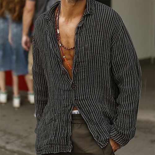 

Men's Shirt Print Striped Turndown Street Casual Button-Down Print Long Sleeve Tops Casual Fashion Breathable Comfortable Black / Gray Summer Shirt