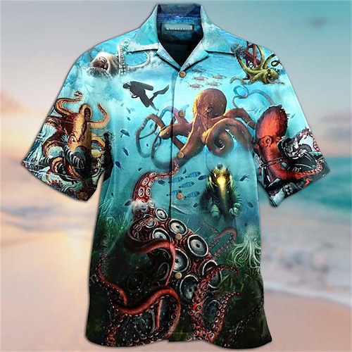 

Men's Shirt Camp Collar Shirt Graphic Shirt Aloha Shirt Octopus Turndown Blue-Green Sea Blue Yellow Pink Red Street Casual Short Sleeve 3D Button-Down Clothing Apparel Fashion Designer Casual