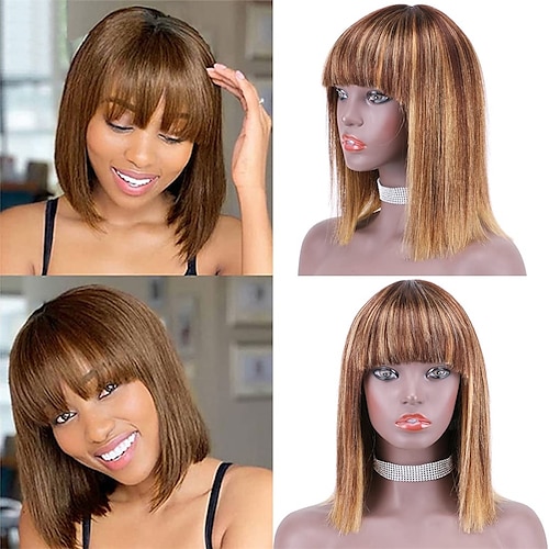 

Short Bob Human Hair Wigs Highlight Honey Blonde P4/27 Ombre Brailian Virgin Human Hair Bob Wig with Bangs for Black Women