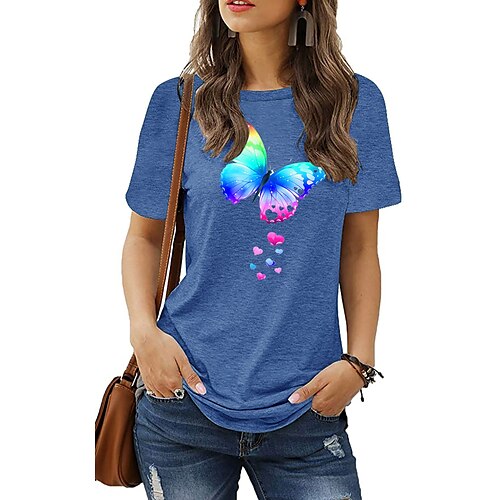 

Women's T shirt Basic Print Butterfly Animals Round Neck T-shirt Sleeve Standard Summer Black Blue Dark Red Dark Pink Dark Green