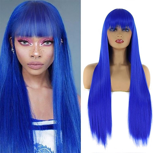 

Mechanism Wig Bright Blue Synthetic None Lace Wig with Bangs Heat Resistant Fiber Hair for Black Women