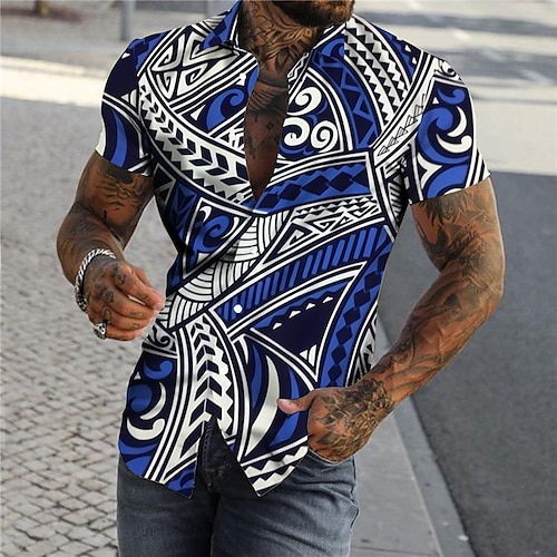 

Men's Shirt Print Geometry Turndown Street Casual Button-Down Print Short Sleeve Tops Designer Casual Fashion Breathable Green Blue Purple / Summer / Spring / Summer