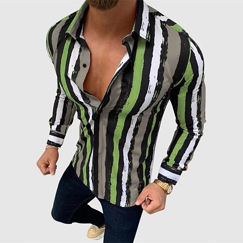 

Men's Shirt Hot Stamping Striped Graphic Turndown Street Casual Button-Down Print Short Sleeve Tops Cotton Casual Fashion Breathable Comfortable Green / Summer