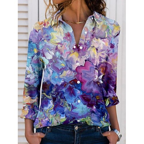 

Mulheres Camisa Social Blusa Roxo Floral Botão Imprimir Manga Longa Diário Feriado Roupa de rua Casual Colarinho de Camisa Padrão Tema Flores S