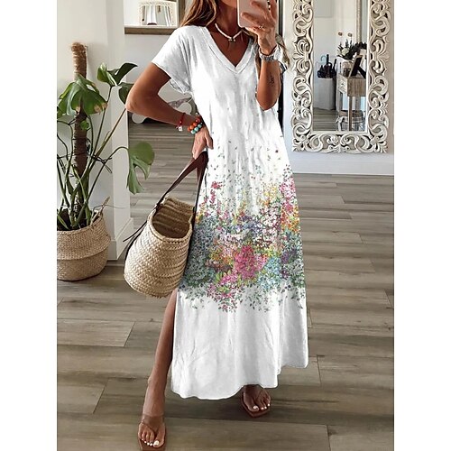 

Women's Casual Dress Long Dress Maxi Dress White Short Sleeve Floral Ruched Spring Summer V Neck Modern 2022 S M L XL XXL 3XL