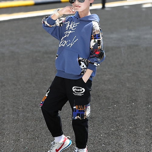  Boys 3D Letter Hoodie & Sweatpants Set Tracksuits Long Sleeve Fall Cool Street Style Kids 5-13 Years Outdoor Loose Fit