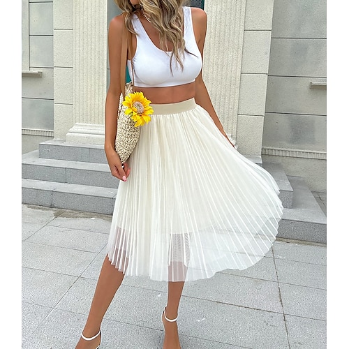 

Women's Skirt Swing Midi Organza Wine Beige Black Skirts Summer Pleated Fashion Holiday Weekend S M L / Loose Fit