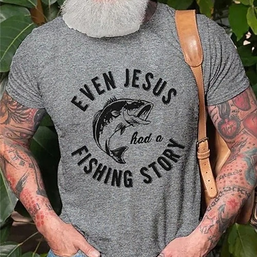 

Men's T shirt Tee Hot Stamping Graphic Fish Letter Crew Neck Street Casual Print Short Sleeve Tops Basic Fashion Classic Comfortable White Gray