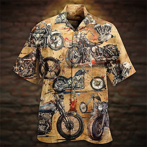 

Men's Shirt Motorcycle Turndown Street Casual 3D Button-Down Short Sleeve Tops Casual Fashion Comfortable Beach Brown