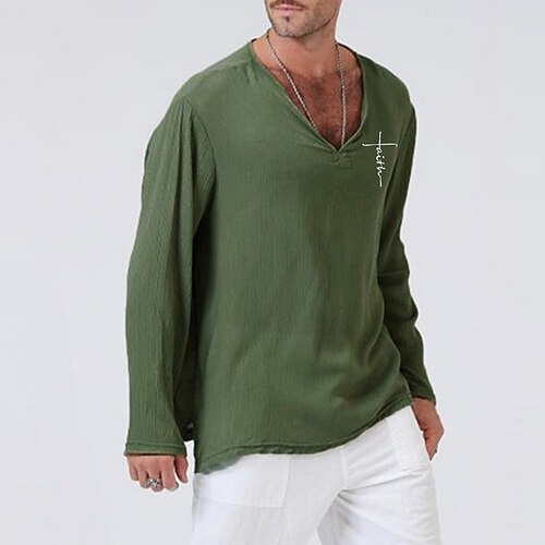 

Men's Shirt Solid Colored V Neck Street Casual Long Sleeve Tops Casual Fashion Breathable Comfortable White Black Army Green