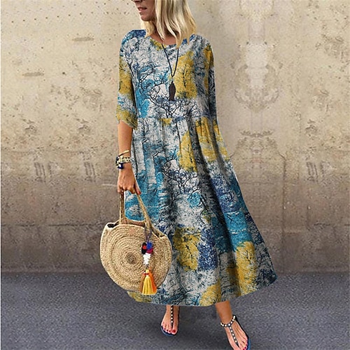 

Women's Shift Dress Swing Dress Long Dress Maxi Dress Blue Pink Wine 3/4 Length Sleeve Floral Print Fall Spring Autumn Crew Neck Loose Fit 2022 S M L XL XXL 3XL 4XL 5XL