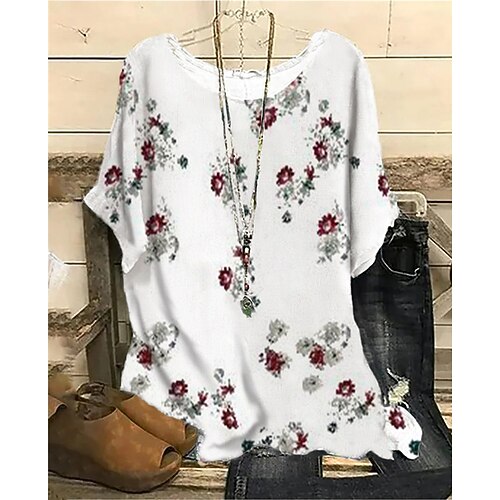 

Women's Plus Size Tops Blouse Shirt Floral Print Short Sleeve Crewneck Streetwear Daily Sports Cotton Spandex Jersey Spring Summer Green White