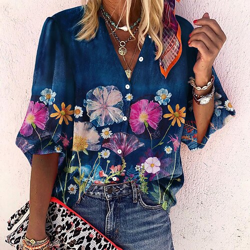 

Women's Blouse Shirt Green Blue Red Floral Button Print Long Sleeve Holiday Weekend Streetwear Casual Standing Collar Regular Floral S