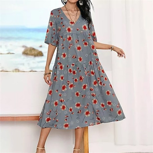 

Women's Shift Dress Swing Dress Floral Dress Midi Dress Green Blue Purple Half Sleeve Floral Print Spring Summer V Neck Loose Fit 2022 S M L XL 2XL 3XL 4XL