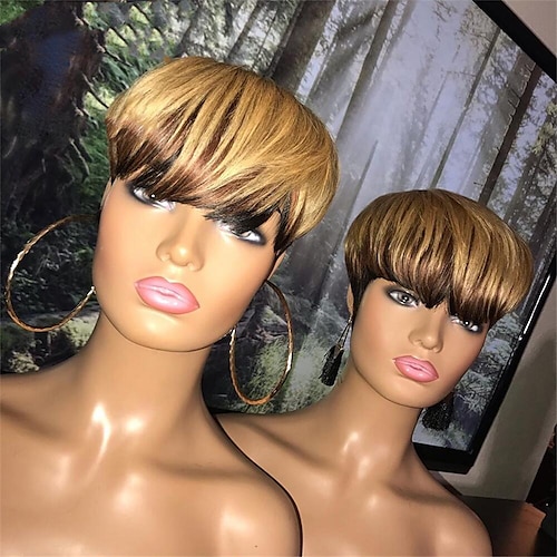 

Short Straight Bob Pixie Cut Human Hair Wigs With Bangs For Black Women Honey Blonde Brazilian Remy Cheap Full Machine Made Wig