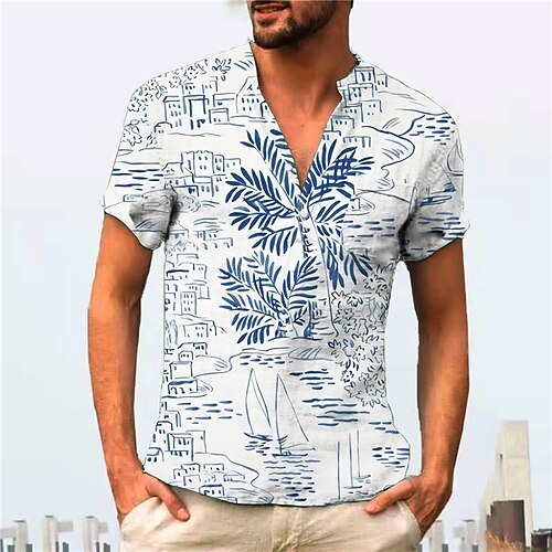 

Men's Shirt Print Graffiti Coconut Tree V Neck Street Casual Button-Down Print Short Sleeve Tops Casual Fashion Designer Breathable Blue