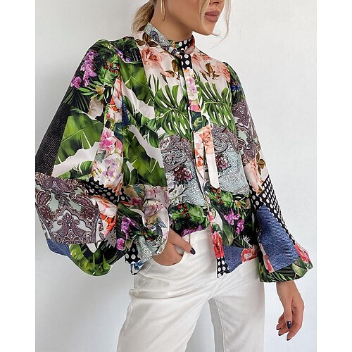 

Women's Daily Holiday Weekend Floral Blouse Shirt Floral Long Sleeve Lace up Print Standing Collar Casual Streetwear Hawaiian Tops Green S / 3D Print