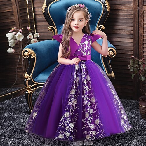 

Kids Little Girls' Dress Floral Patchwork Tulle Dress Anniversary Birthday Ruffle Patchwork Blue Purple Red Maxi Short Sleeve Chinoiserie Cute Dresses Fall Spring Slim 3-12 Years