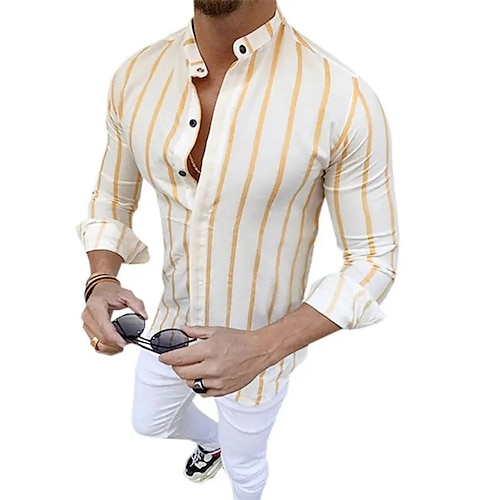 

Men's Shirt Hot Stamping Striped Graphic Turndown Street Casual Button-Down Print Long Sleeve Tops Casual Fashion Breathable Comfortable Yellow