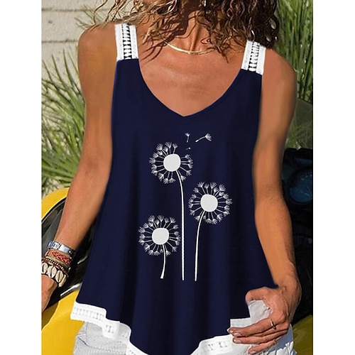 

Women's Casual Daily Holiday Camisole Tank Top Graphic Dandelion Sleeveless Print V Neck Casual Tops Black Blue Wine S