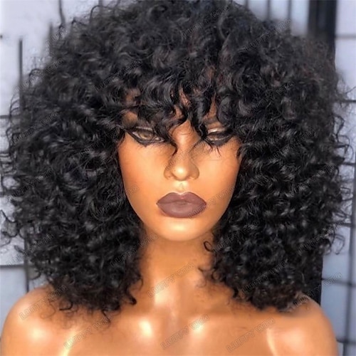 

Human Hair Wig Curly With Bangs Natural Black Adjustable Easy to Carry Natural Hairline Machine Made Brazilian Hair Women's Natural Black #1B 8 inch 10 inch 12 inch Party / Evening Daily Wear Vacation