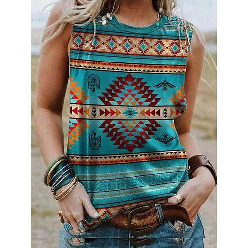 

Women's Geometric Casual Weekend Geometric Tank Top Camis Sleeveless Print Round Neck Ethnic Streetwear Tops Green S / 3D Print