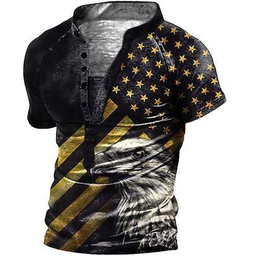 

Men's Henley Shirt Tee T shirt Tee 3D Print Graphic Eagle National Flag Plus Size Stand Collar Daily Sports Button-Down Print Short Sleeve Tops Basic Casual Designer Big and Tall Black