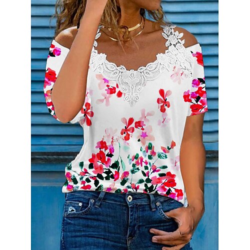 

Women's Daily Floral T shirt Tee Flower Short Sleeve Off Shoulder Basic Tops Fuchsia S / 3D Print