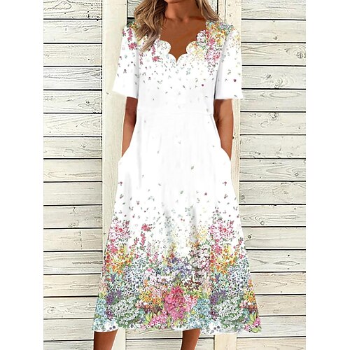 

Women's A Line Dress Midi Dress White Short Sleeve Floral Ruched Print Spring Summer V Neck Casual Sexy 2022 3XL