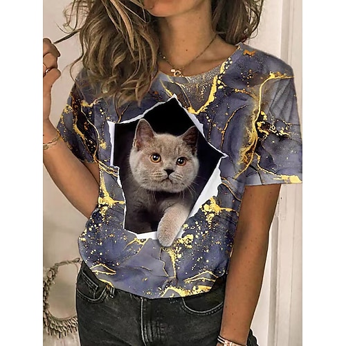 

Women's T shirt Tee Gray Cat 3D Print Short Sleeve Casual Weekend Basic Round Neck Regular 3D Cat Painting S