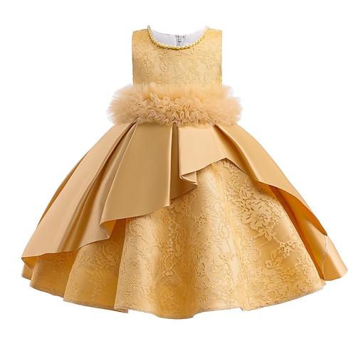 

Bambino Da ragazza Vestito da festa Tinta unica Vestito a pieghe Al ginocchio Vestito Prestazioni Pizzo Girocollo Senza maniche Elegante Vestito 3-10 anni Primavera Multicolore Giallo Vino