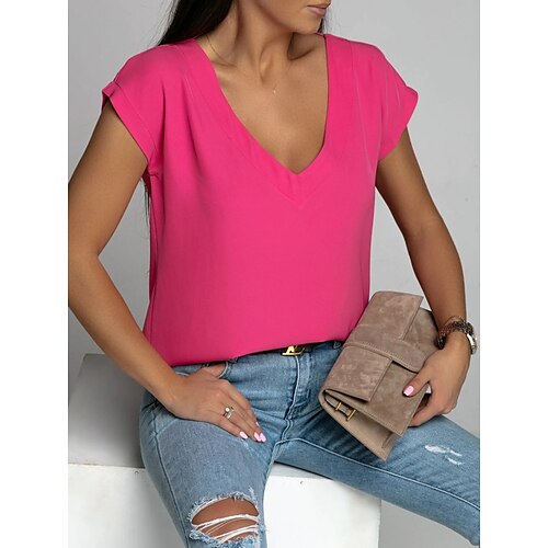 

Damen T Shirt Schwarz Weiß Rosa Glatt Kurzarm Casual Wochenende Basic V Ausschnitt Standard S