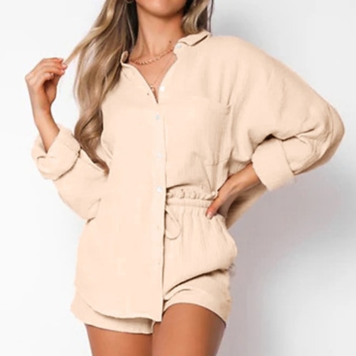 

Women's Loungewear Sets Nighty 2 Pieces Pure Color Simple Comfort Home Polyester Lapel Fall Spring Green Blue
