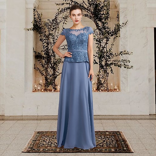 

Sheath / Column Mother of the Bride Dress Elegant Jewel Neck Floor Length Chiffon Lace Short Sleeve with Appliques 2022