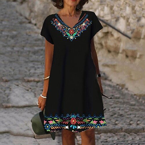 

Women's Shift Dress Short Mini Dress Black Short Sleeve Floral Print Spring Summer V Neck Casual Vacation 2022 S M L XL XXL 3XL