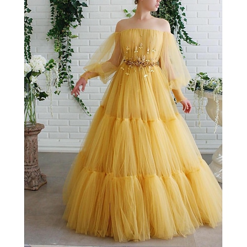 

Ball Gown Prom Dresses Elegant Dress Wedding Guest Floor Length Long Sleeve Illusion Neck Tulle with Beading Appliques 2022