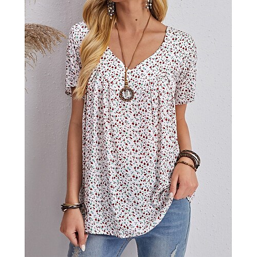 

Women's Floral Theme Painting T shirt Floral Print V Neck Basic Tops White / 3D Print