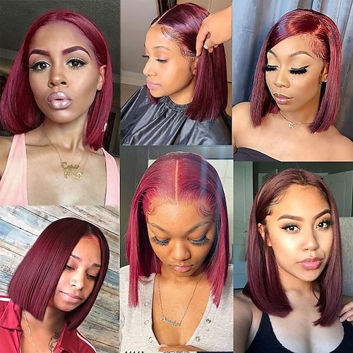 

Human Hair 13x4 Lace Front Wig Bob Brazilian Hair Natural Straight Burgundy Wig 150% Density Classic Easy to Carry Comfy For Women's Short Human Hair Lace Wig Lightinthebox / Daily Wear