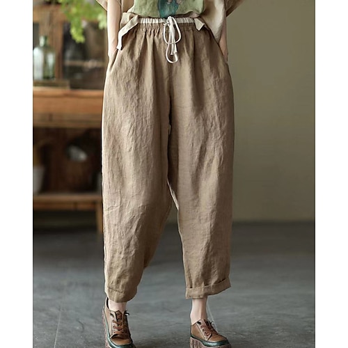 

Women's Joggers Chinos Linen / Cotton Blend Yellow Beige Coffee Mid Waist Fashion Casual Weekend Side Pockets Micro-elastic Ankle-Length Comfort Plain M L XL XXL / Loose Fit
