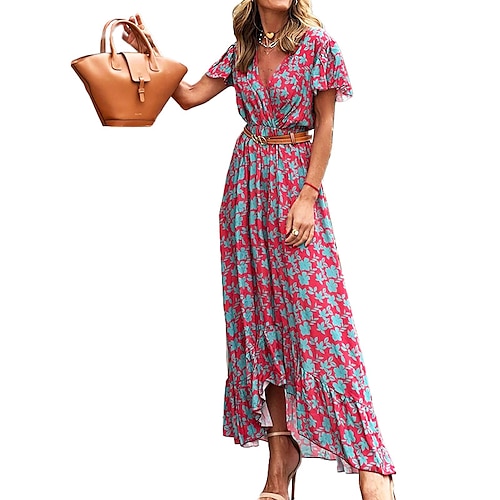 

Mulheres Vestido casual Vestido Swing Vestido Longo Vestido Maxi Vermelho Roxo Laranja Manga Curta Floral Frufru Primavera Verão Decote V Boho Ajuste Largo 2023 S M L XL