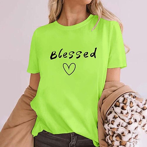 

Women's Casual Weekend Painting T shirt Tee Heart Letter Short Sleeve Print Round Neck Basic Tops Green White Black S