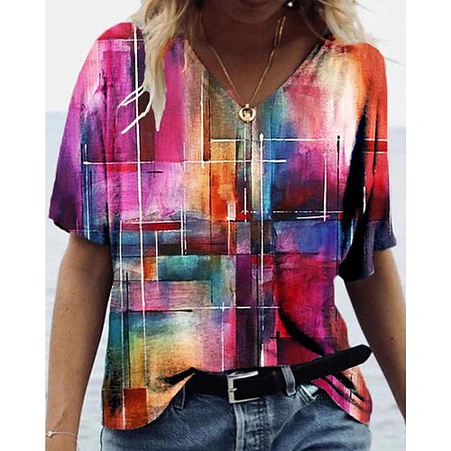 

3d print ladies t-shirt summer short-sleeved tops tshirt v-necks loose tunic blouse colorful motif tops oversize shirt top pullover