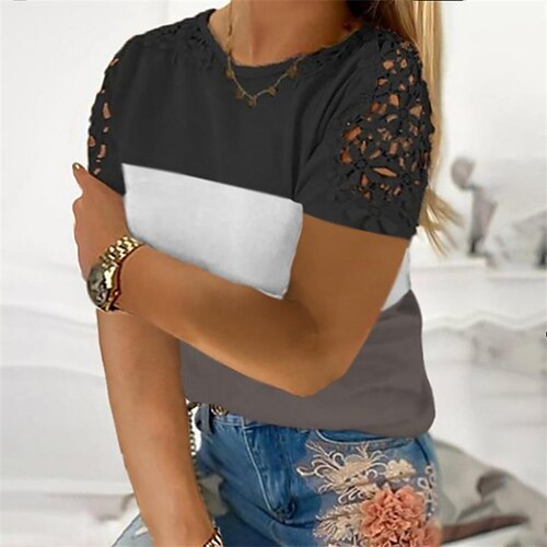 

Women's Plus Size Tops T shirt Color Block Lace Short Sleeve Round Neck Streetwear Daily Vacation Polyester Spring Summer Green Black