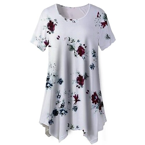 

Women's Plus Size Tops Blouse Shirt Floral Print Short Sleeve Crewneck Streetwear Daily Holiday Cotton Spandex Jersey Spring Summer White Blue