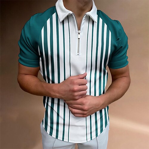 

Men's Golf Shirt Print Striped Turndown Casual Daily Street Vacation Zipper Print Short Sleeve Tops Casual Fashion Breathable Comfortable Green Summer Shirt Quick Dry