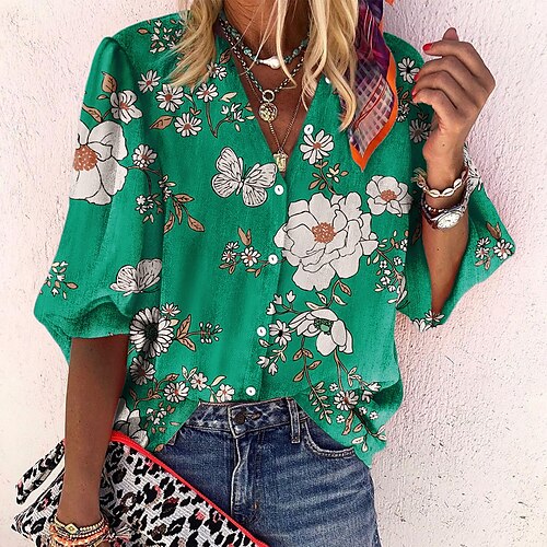 

Women's Holiday Weekend Floral Blouse Shirt Floral Long Sleeve Button Print Standing Collar Casual Streetwear Tops Green Blue Yellow S / 3D Print